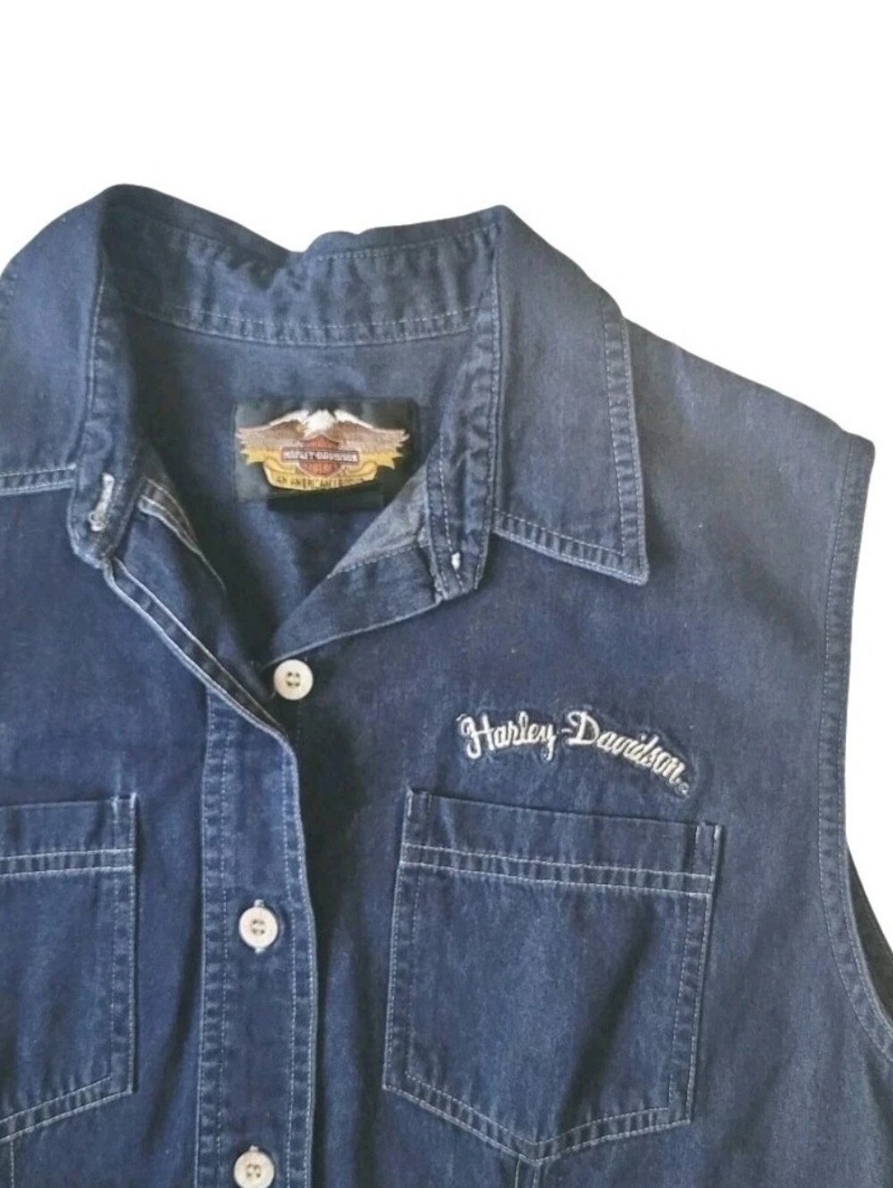 Harley Davidson Womens Shirt Sleeveles Sz Large Denim Cotton Button Down Mexico